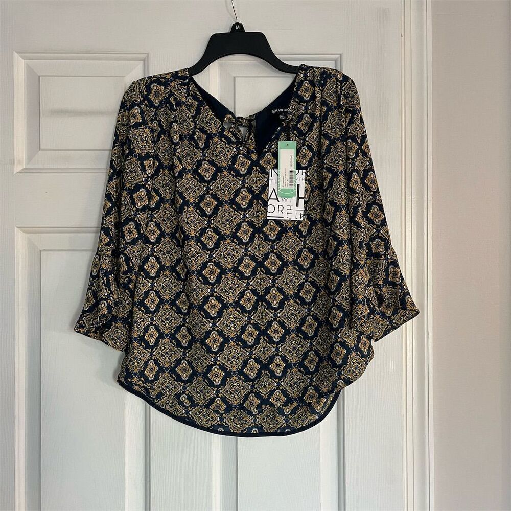 41 Hawthorn Women's M Geometric Tie Neck Blouse Multicolor 3/4 Sleeve